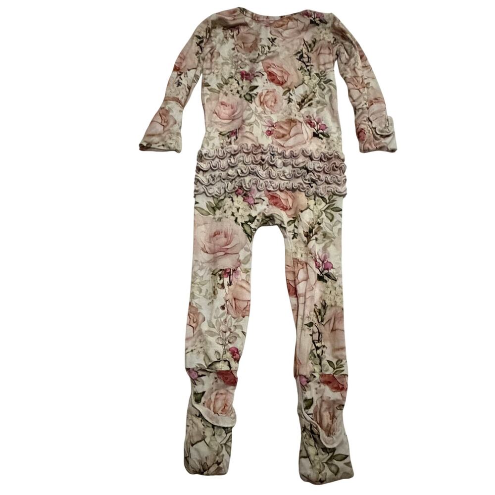 Bamboo Baby pajamas footies w ruffle for girl 12-18 mo 2 way zip floral soft